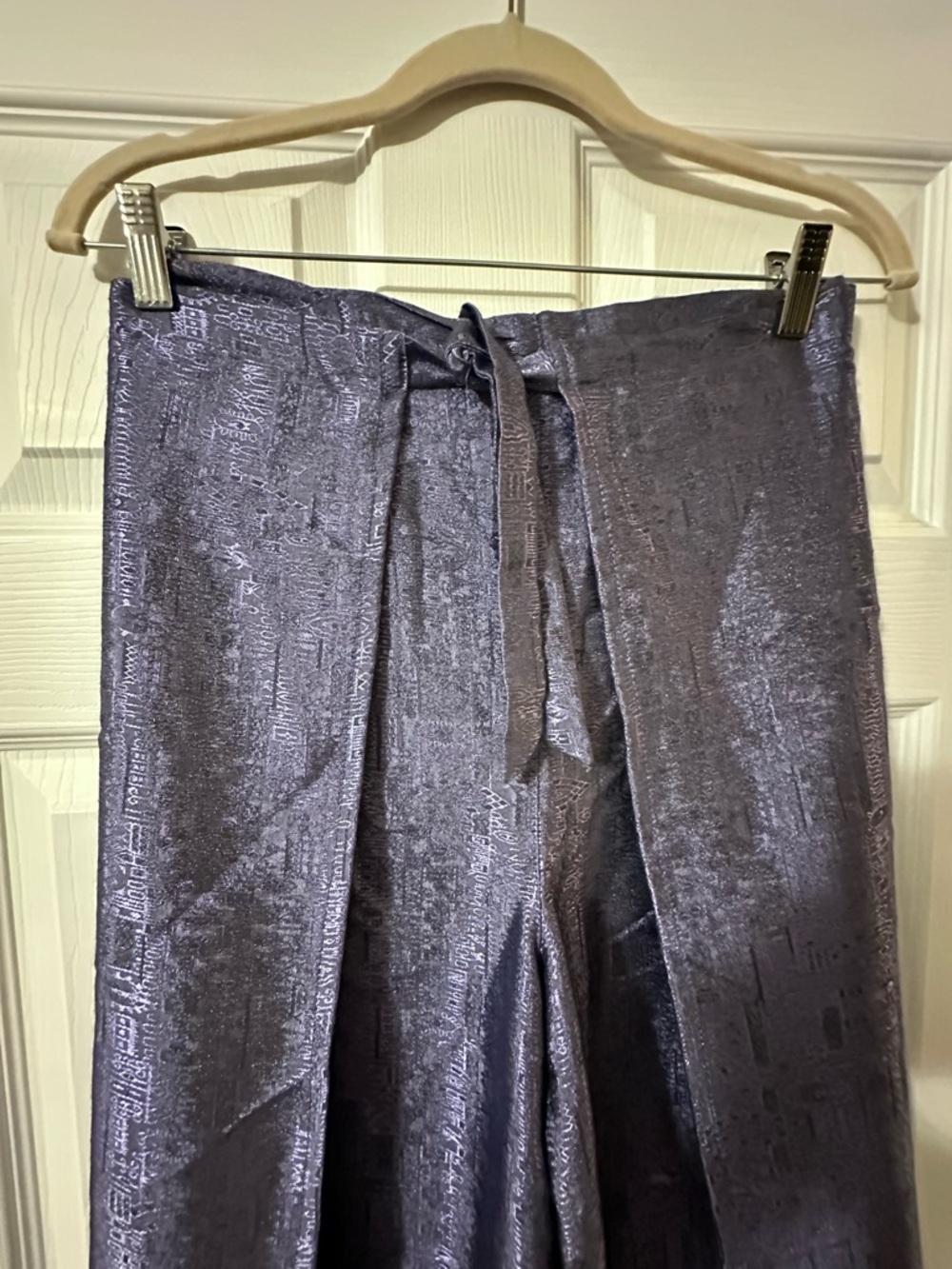 Shimmery Pilazzo Thai Wrap Pants with Tie Waist front and back. Muted purple .